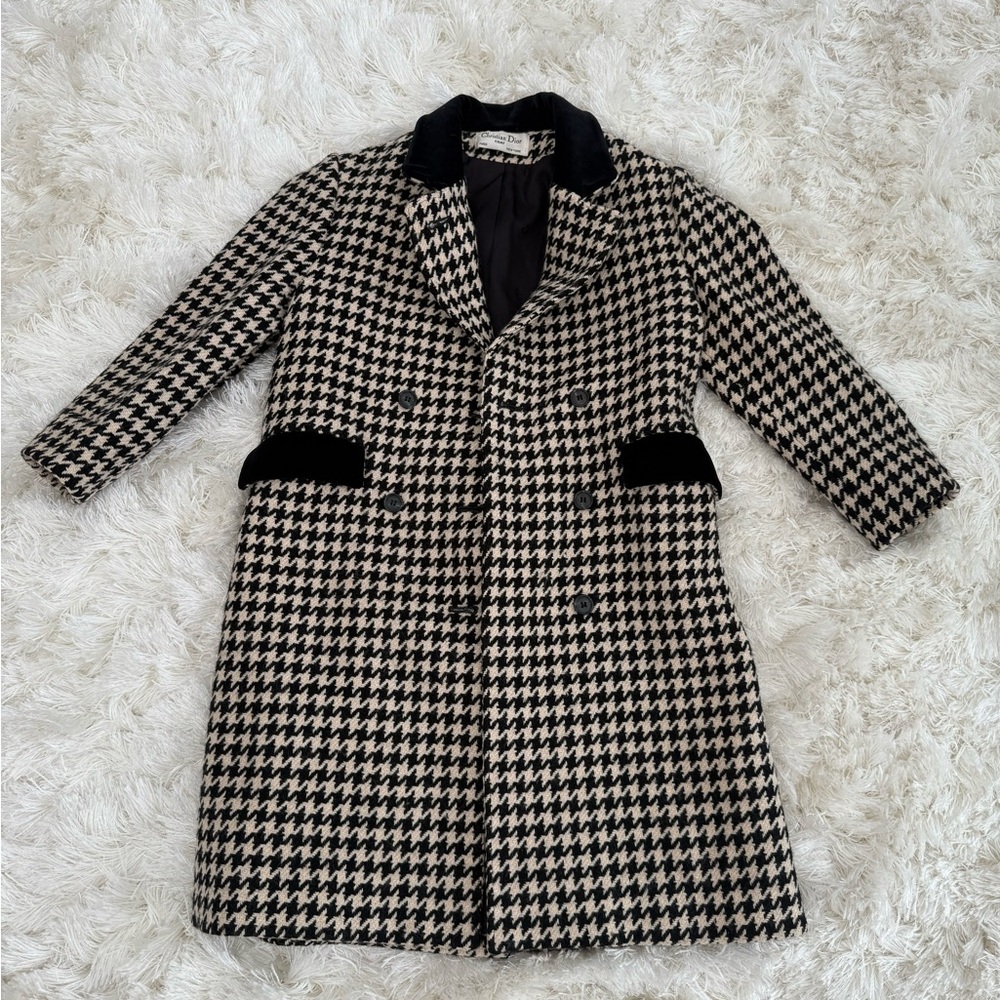 CHRISTIAN DIOR Black and White Houndstooth Pea Coat - Petite size